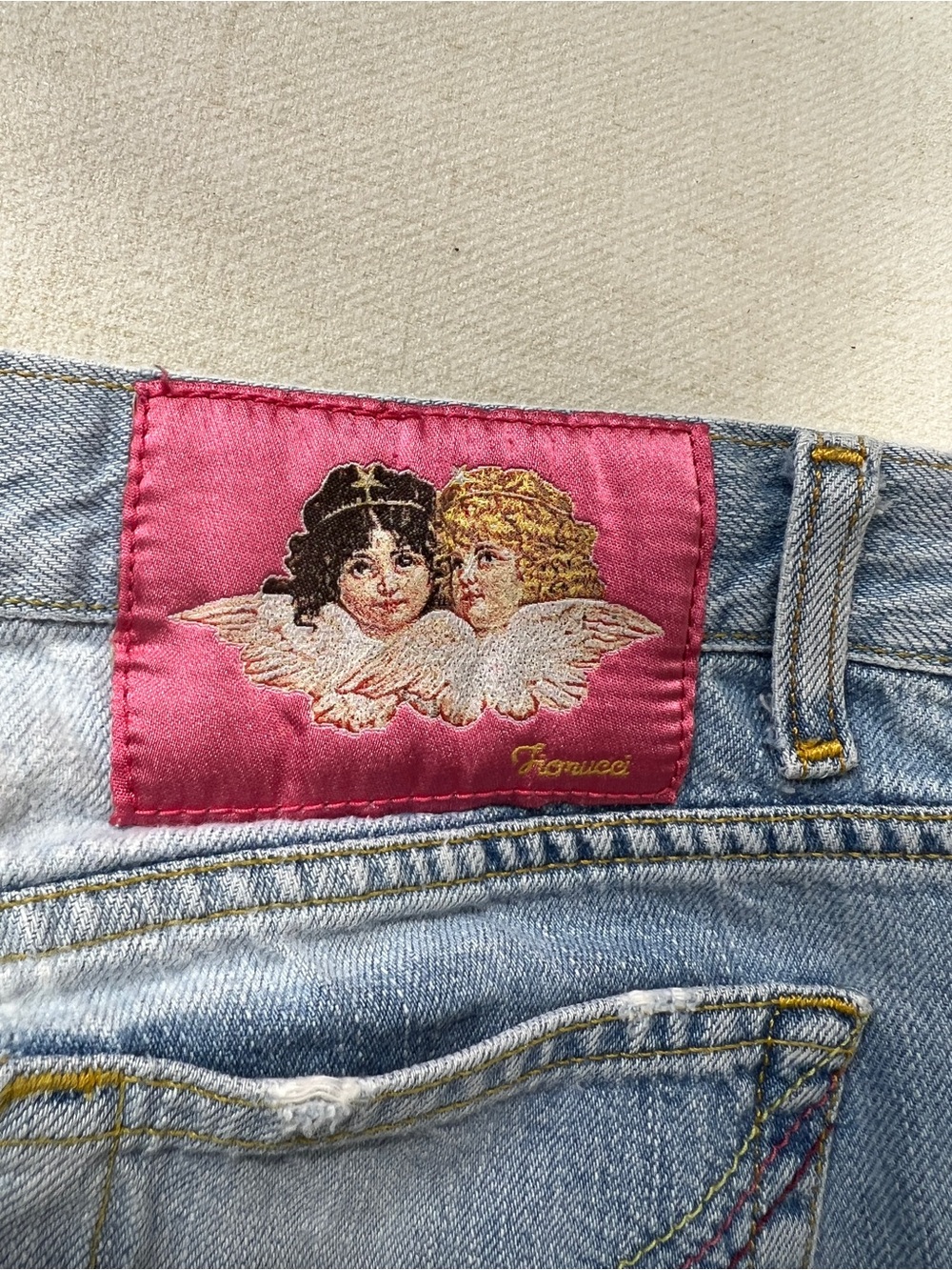 Vintage Fiorucci Low Rise Flare Jeans Y2K Light Wash Distressed Patchwork Size 9